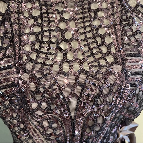 R&M Richards Mocha Short Sleeve Sequin and Mesh Gown 8 - Picture 6 of 16